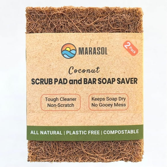 Économiseur de Savon et Tampon à Récurer (2) / Fibre de Coco - Compostable / Sans Plastique - Zéro Déchet / Porte-Savon en Barre / Tampon à Récurer Résistant Non Rayant / Brosse à Légumes / Lot de 2