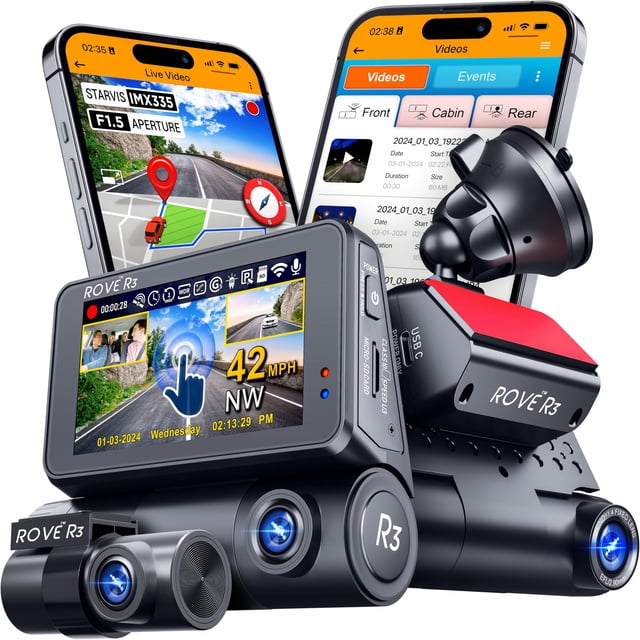 ROVE R3 Dash Cam delantera y trasera con cabina, visualización táctil IPS de 3 pulgadas, cámara de tablero de 3 canales 1440P+1080P+1080P, visión nocturna IR, WiFi de 5 GHz, velocidad de descarga de