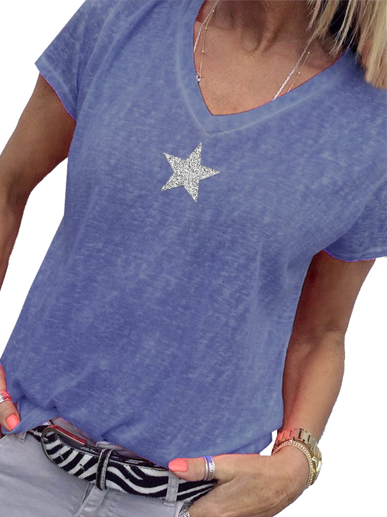 Women's Plus Short Sleeve V Neck Striped Top