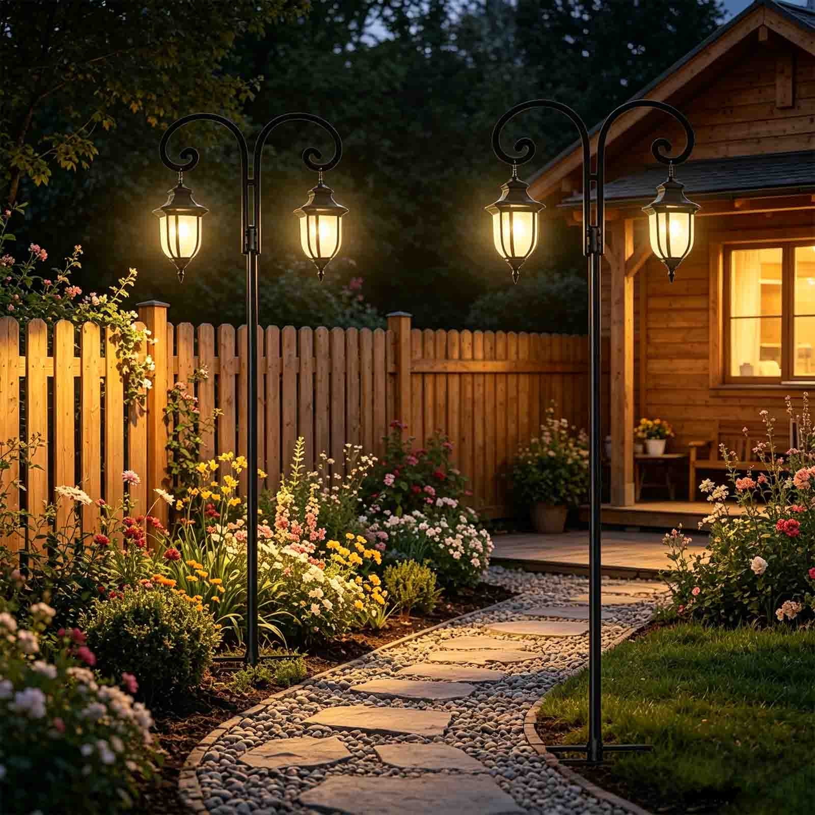 Cadancy Outdoor Shepherd Hook Solar Light Holder Garden Stake Double Hanger Metal Plants Stand Patio Lawn Decorative Hook Bird Feeder Pole Backyard Landscape Accessory