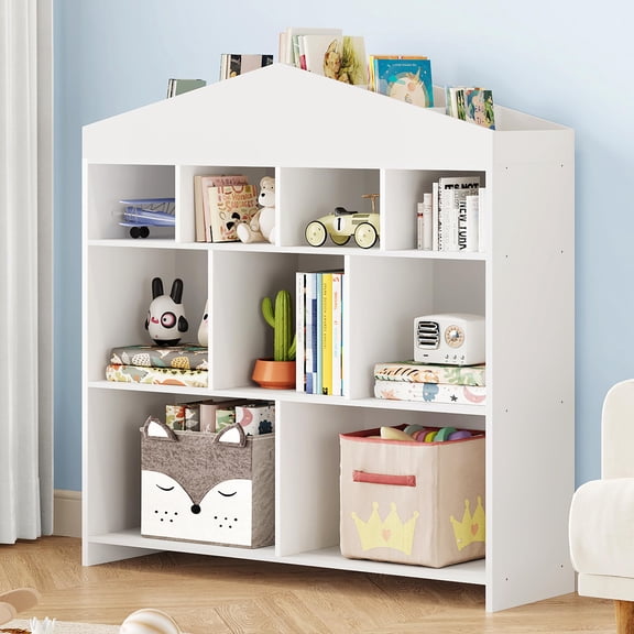 Kids Wooden House Bookshelf & Toy Organizer, Kids Bookshelf 9-Cubby Organizer, Dollhouse Roof Shelf Book Display, Wooden Bookcase Toy Storage, 39.4 x 40.7 x 11.8 in