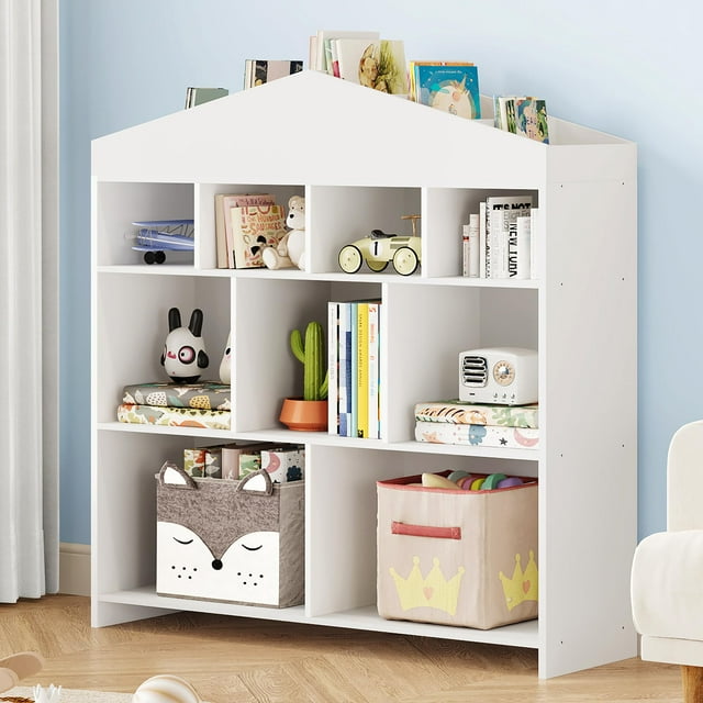 yeshouse estantería infantil con 9 compartimentos, organizador tipo casa de muñecas de madera para sala de juegos blanco, vista frontal centrada con tejado integrado y nueve cubos de almacenamiento; estantes superiores para libros, nivel medio con juguetes y nivel inferior con cubos de tela; superficie lisa blanca y tornillos visibles en el lateral; dimensiones 39.4" x 40.7" x 11.8" (H x W x D). Adecuada como estantería Montessori u organizador multipropósito en dormitorios y guarderías.