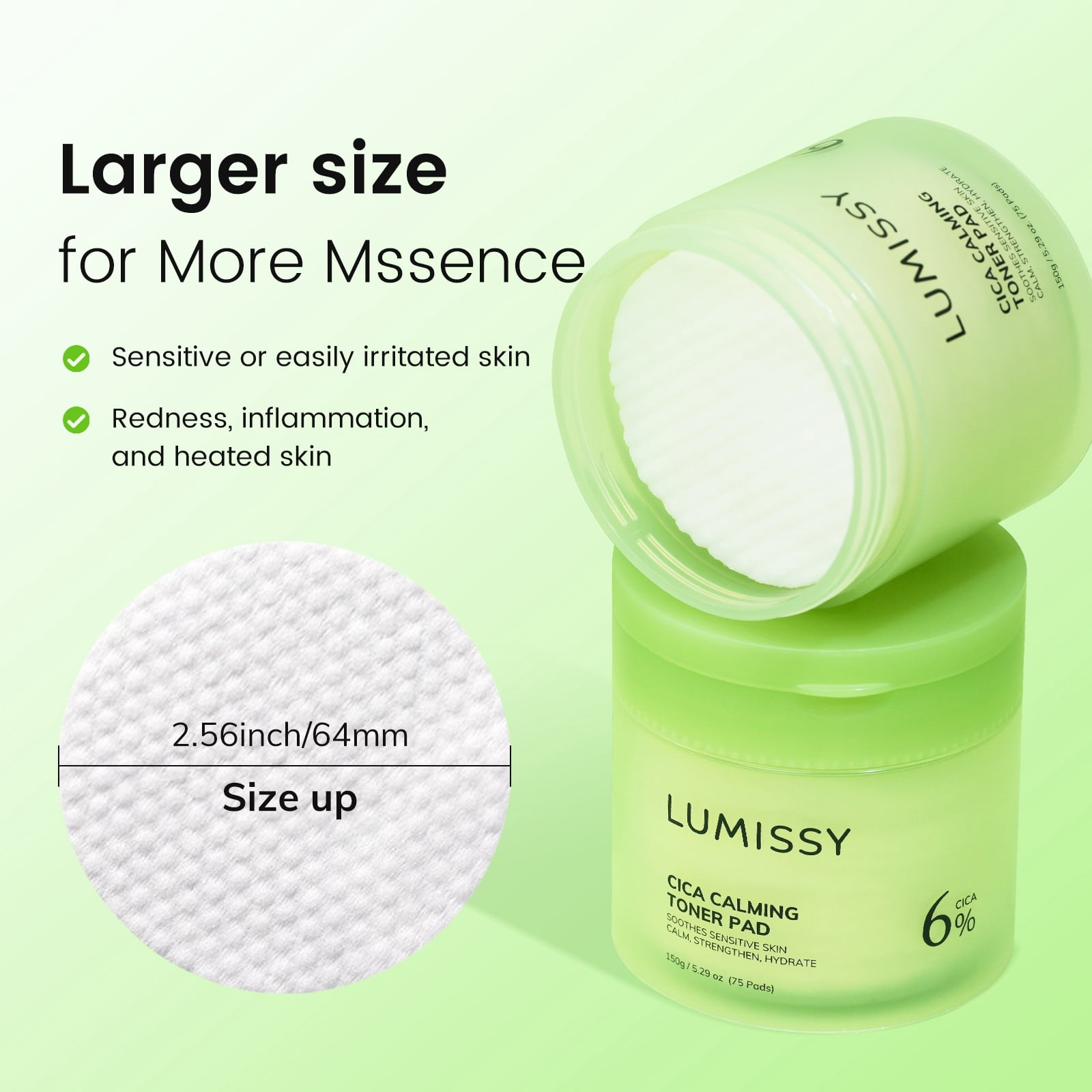Lumissy CICA Calming Toner Pads, Soothing Centella Asiatica Pads for Sensitive Skin, Gentle Exfoliating & Hydrating Facial Toner 75 Pads