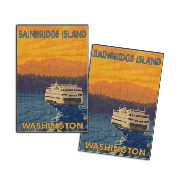 Bainbridge Island, Washington, Ferry and Mountains (4x6 Birch Wood