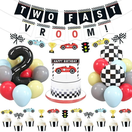 Bessmoso Vintage Two CORNET Fast Birthday Race Car Party Supplies Racing Theme 2nd Birthday Banner Cake Topper Checkered Flags Number Balloons for Let's go Racing Theme Sports Event Party Decor