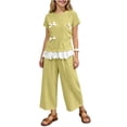 thumbnail image 2 of SGFCWSX Girls 2 Piece Outfits Bow Lace Hem Short Sleeve Tops Wide Leg Capri Pants Summer Casual Clothes Set Yellow Size 8, 2 of 9