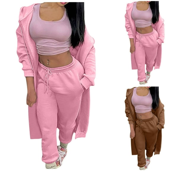 Brondbend Womens Sweats Set Women's Hoodie Long Sleeved Full Zipper Drawstring Pullover Solid High Waist Jogger Outfits Fashion Loose Tracksuits Athletic Fall Winter Sets Brown