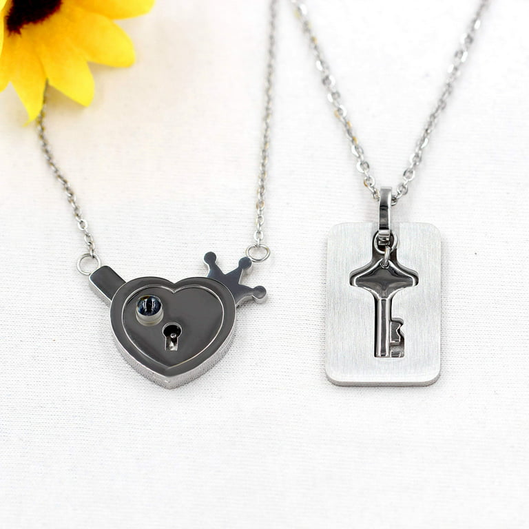 Uloveido 100 Languages I Love You Projection Necklace Love Heart Crown Lock and Shield Key Pendant for Couples Boyfriend Girlfriend Y1129 (Steel)