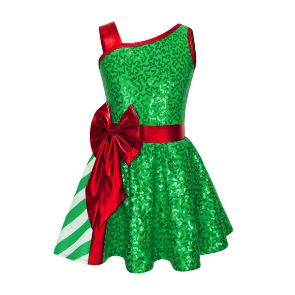 Miaeowve Kids Girls Sparkle Sequins Dance Dress Asymmetrical Modern Latin Jazz Dancewear Christmas Holiday Dresses Green 4
