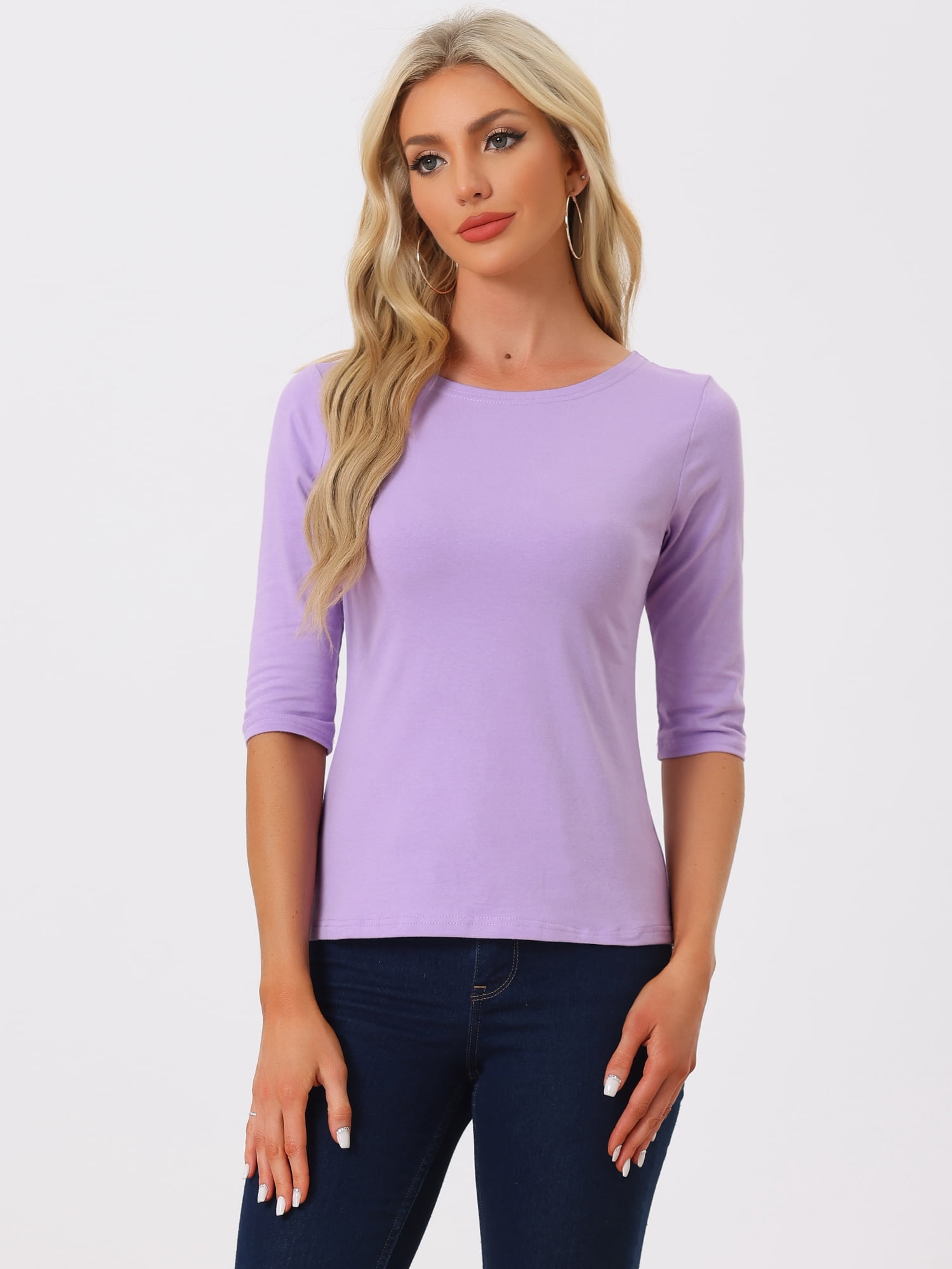 DARING DIVA Women's Elbow Sleeves Boat Neck Slim Fit Classic Tee M Light Purple