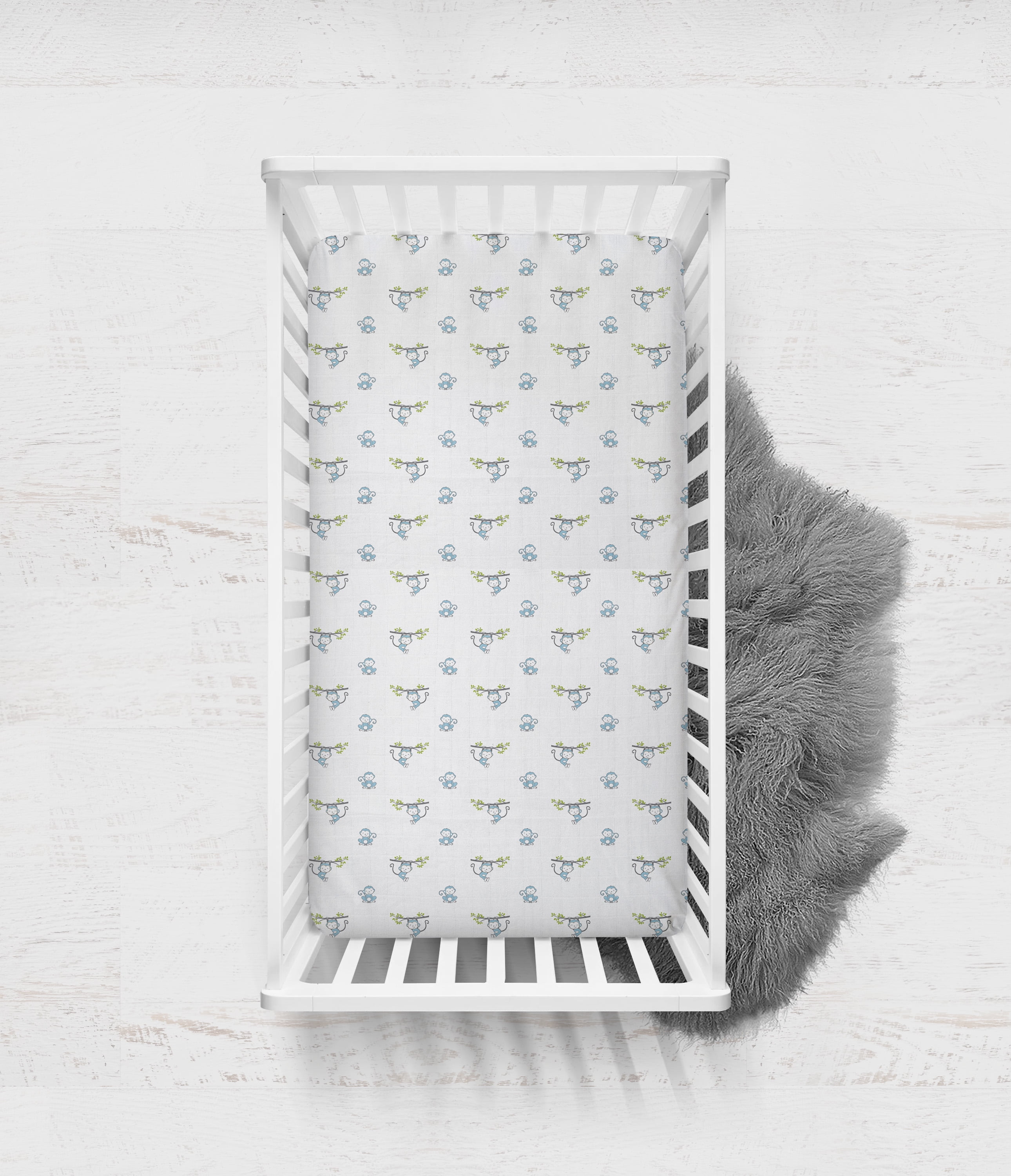 Bacati - Happy Monkeys Crib/Toddler Bed Fitted Sheets 100% Cotton Muslin 2 Pack, Blue