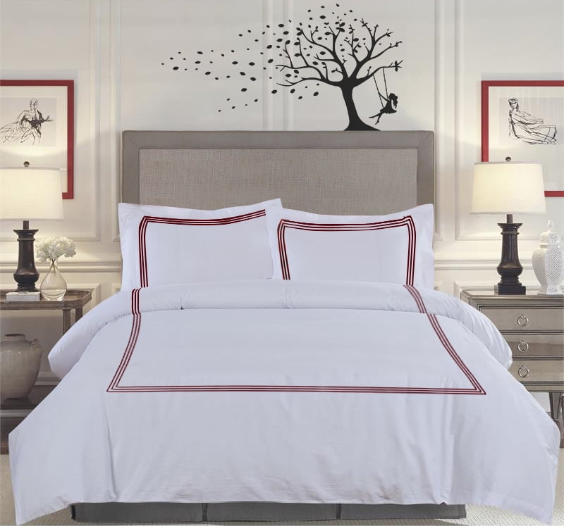 MISR LINEN 400 Thread Count Egyptian Cotton Full Size 3-Piece DuvetCover Set with 3 Line Embriodery Zipper Closer & Corner Ties (1 Duvet Cover & 2 Pillow Sham), Burgundy Solid