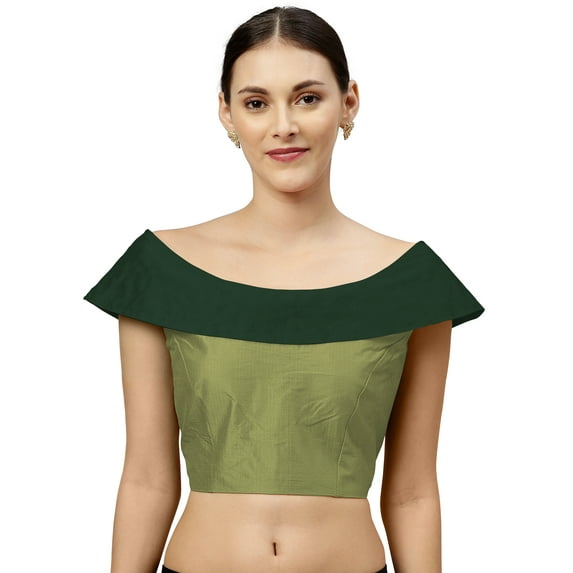 eloria Women's Art Silk Boat Neck Sleevless Partywear Filler Blouse Top, Color : Olive Green & Bottle Green