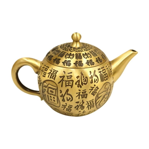 Siruishop Brass Small Chinese Fu Characters Teapot 16x10cm Sturdy Feng Shui Decoration