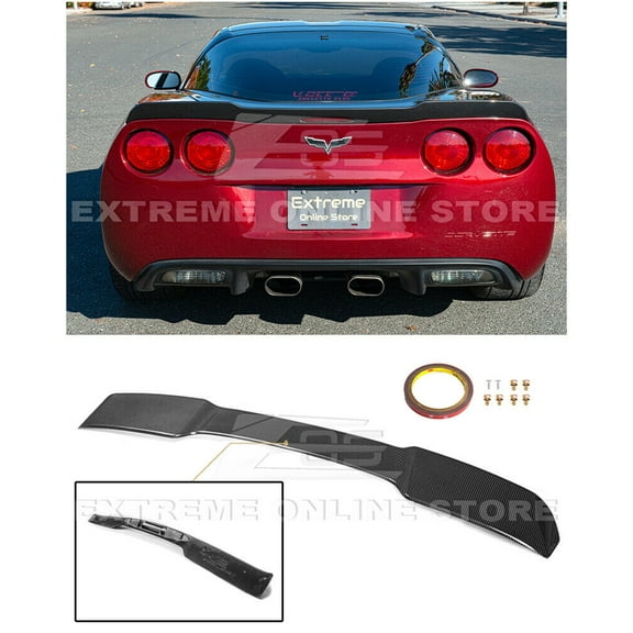 Replacement for 2005-2013 Chevrolet Corvette C6 All Models | ZR1 Extended Style ABS Plastic Hydro-Dipped Carbon Fiber Rear Trunk Lid Wing Spoiler (ABS Plastic - Hydro-Dipped Carbon Fiber)