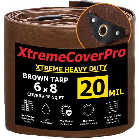 6' x 8' Brown Super Ultra Heavy-Duty Tarp – 20 Mil Waterproof & UV-Resistant 6x8 - Large Outdoor Tarp, Waterproof Cover for Rain Camping, Tent, UV Protection, Reinforced Corners