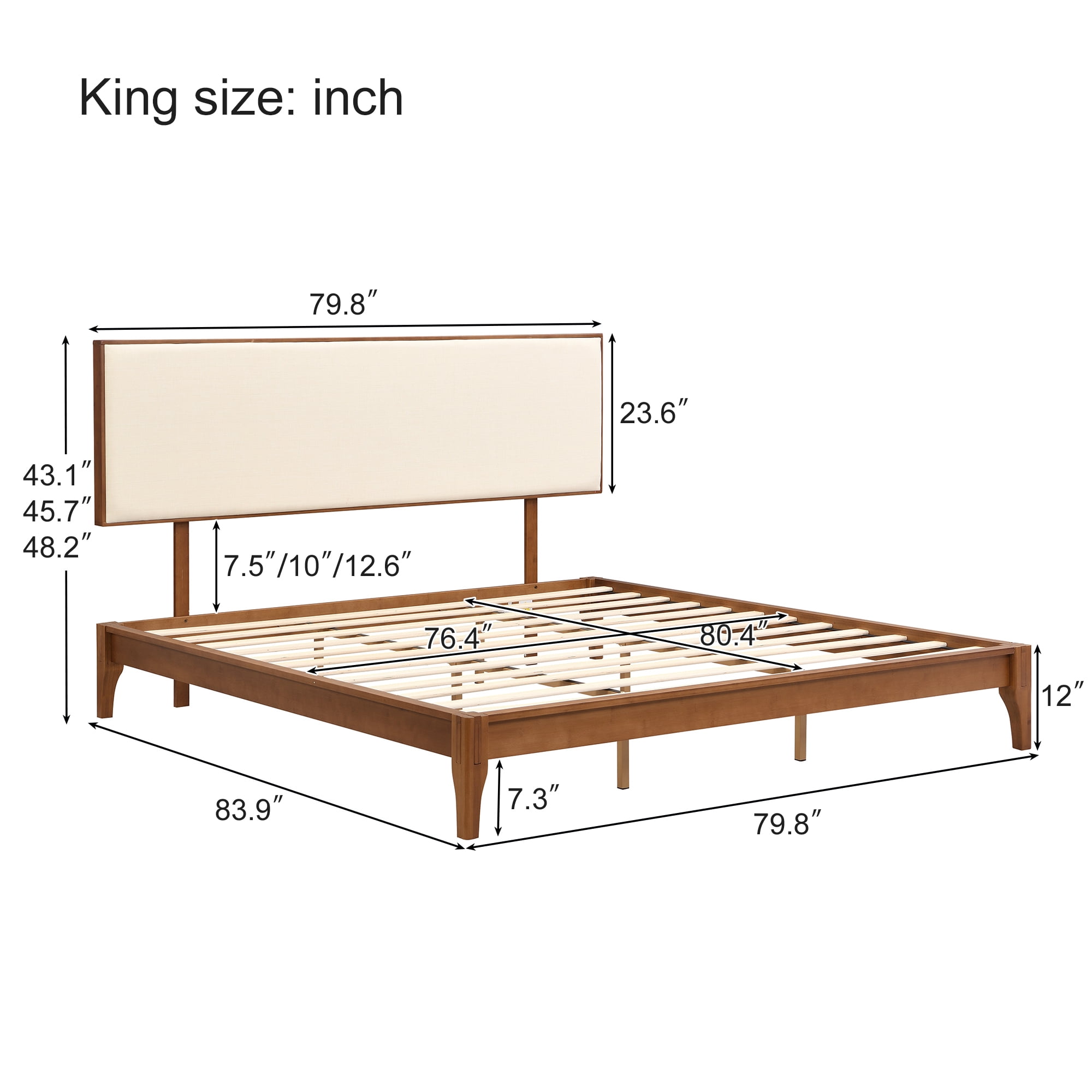 MODERNLUXE King Size Dry Bamboo Platform Bed, 12" H Bed Frame with Upholstered Adjustable Headboard and Wood Slat Support,Easy Assembly, Brown