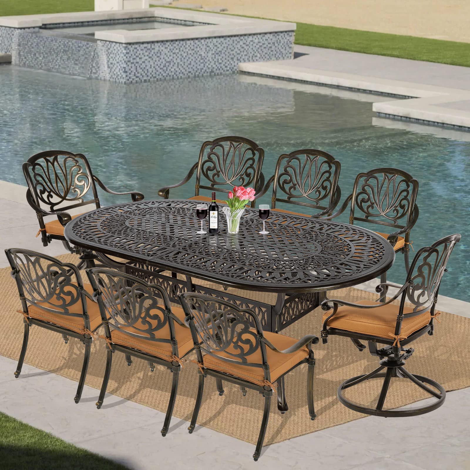 VIVIJASON 9-Piece Outdoor Furniture Dining Set, All-Weather Cast Aluminum Patio Conversation Set, Include 6 Stationary Chairs, 2 Swivel Dining Chairs and an Oval Table with Umbrella Hole