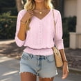 thumbnail image 6 of YNGKMEA Eyelet Tops for Women Fashion Smocked Cuffs V Neck Shirt 3/4 Sleeve Loose Fit Elastic Waist Tunic Top Banded Bottom Beach Tops Blouse 2025 Summer Pink XXL, 6 of 6