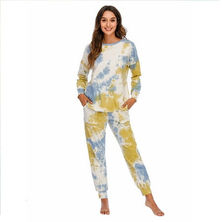 

KZKR Women’s Tie Dye Pajamas Set Two Piece Soft Long Sleeve Sweatshirt with Long Pants Sleepwear