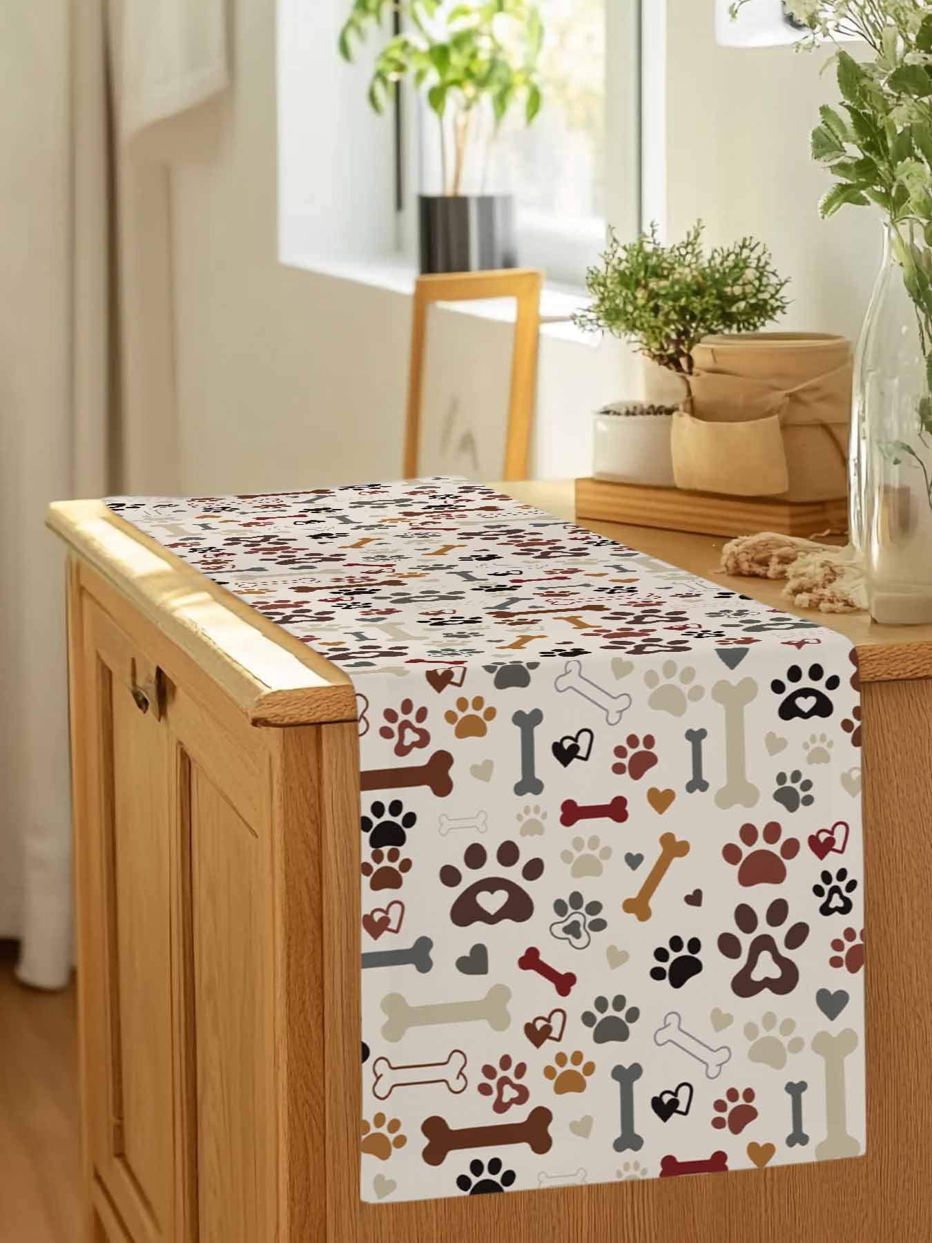Seamless Dog Paw Bone Texture Table Runner 90 Inches Long, Pet Claw Love Heart on Khaki Table Runners Tabletop Scarf Kitchen Dining Tables Decoration for Home Party Indoor Outdoor