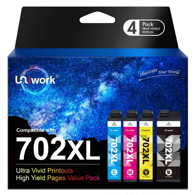 Juego de cartuchos de tinta Uniwork 702XL para Epson WF-3720, paquete de 4