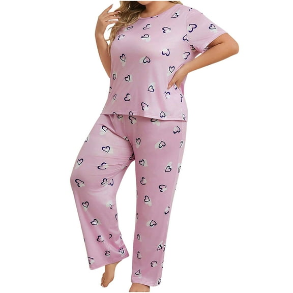 Jamicy Soft Pajamas for Women Fashion Plus Size Love Printed Round Neck Short Sleeve Tops with Comfortable Long Pants Plus Woemn's Pajamas Set