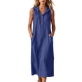 thumbnail image 2 of ClodeEU Women's V Neck Sleeveless Linen Blend Hooded Midi Dress,Casual Loose Fit Dress with Pockets Blue,Women's Plus XXL, 2 of 7