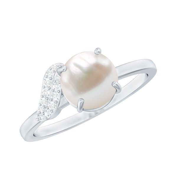 Rosec Jewels Classic Freshwater Pearl Ring with Diamond, June Birthstone Ring (7 mm), 925 Sterling Silver, US 4.00