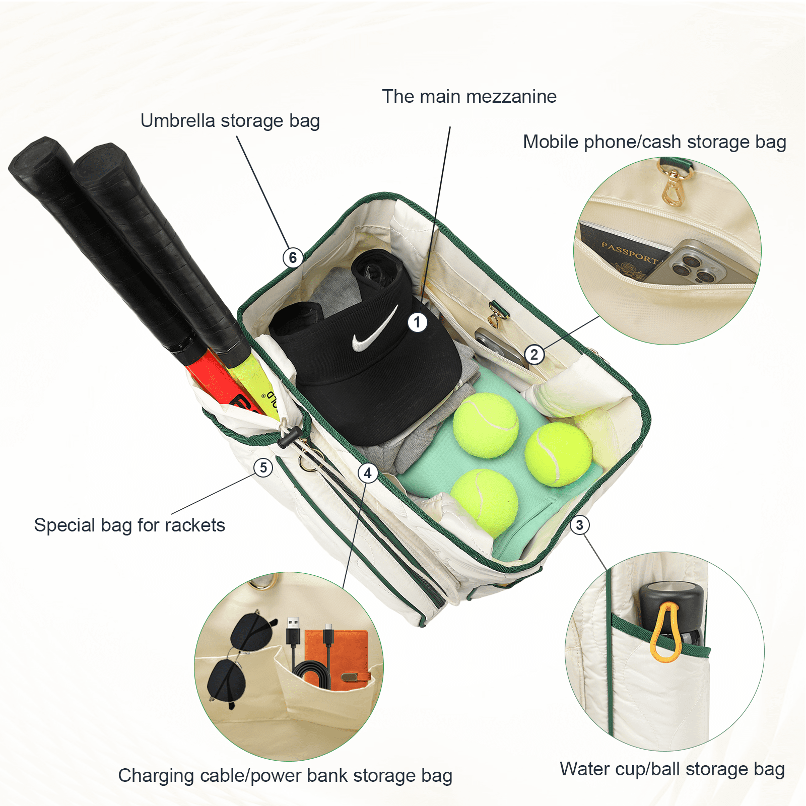 CCGTIOR 2-in-1 Tennis Tote Bag & Tennis Racket Backpack – Extra-Large Quilted Pickleball Racquet Bags, Water-Resistant & Lightweight for Men & Women (White)