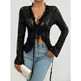 thumbnail image 6 of Women'S V Neck Lace Sheer Top Mesh See Through Shirts Open Front Tie Long Sleeve Blouses Y2k Going Out Tops Blue XL, 6 of 10