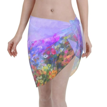 Adobk Women Beach Sarong Bathing Suit Colorful Purple Cosmos Flower Print Wrap Skirt Sheer Bikini Swimsuit Cover Ups For Swimwear