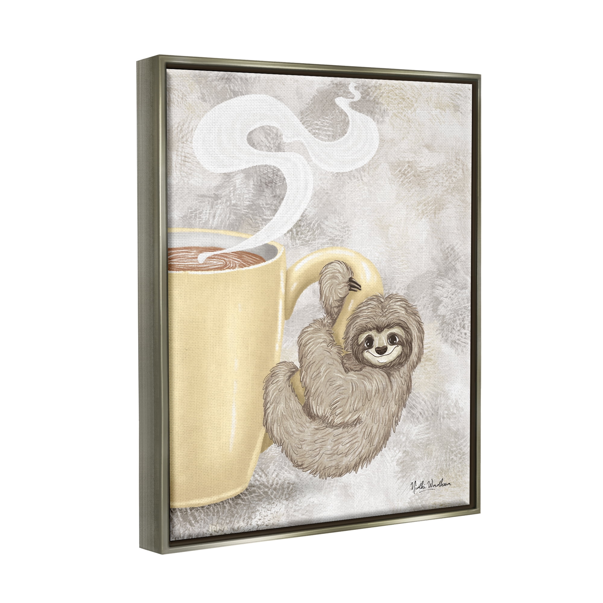 Stupell Industries Sloth on Coffee Mug Food & Beverage Painting Gray Floater Framed Art Print Wall Art, 17 x 21