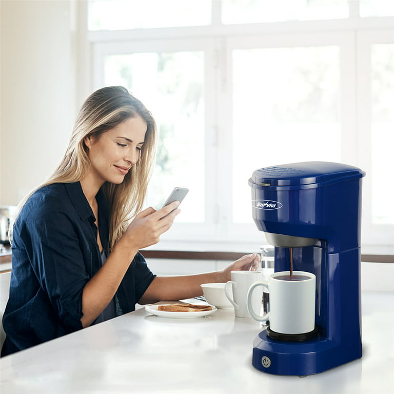 Single Serve Coffee Maker for Pods and Ground Coffee, 6-14OZ Reservoir  One-Touch Control Button Coffee Machine, Blue 