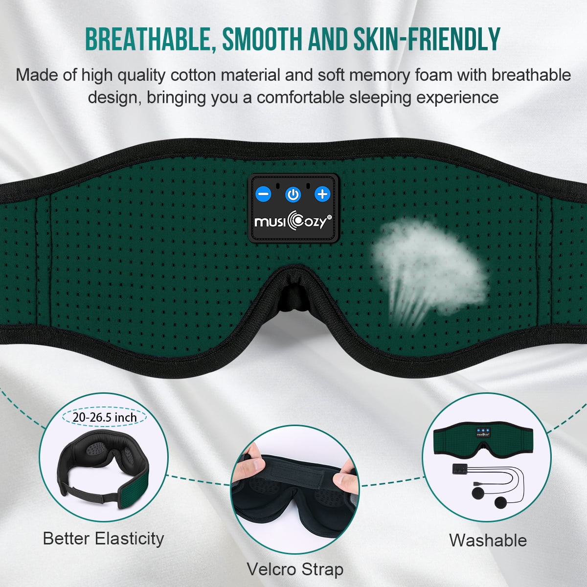 MUSICOZY Sleep Headphones Breathable Bluetooth Headband 3D Sleeping Headphones, Wireless Music Eye Mask Sleep Earbuds for Side Sleeper Women Office Air Travel Cool Tech Gadgets Unique Gifts Green