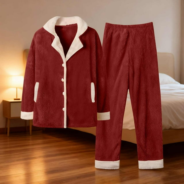 Conjunto de pijama de manga larga, grueso y cálido, de color liso para mujer, de poliéster