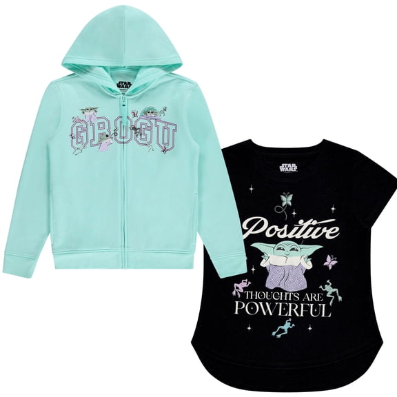 STAR WARS Baby Yoda Girls Grogu Hoodie and T-Shirt Bundle - The Mandalorian Sizes 4-16