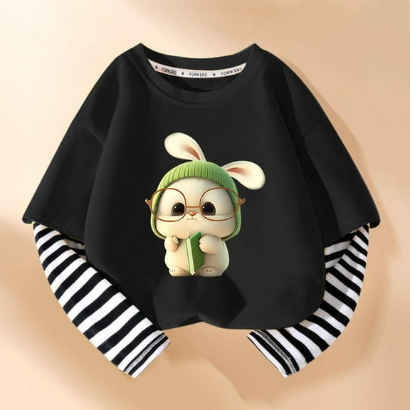 Girls Long Sleeve Tees Striped Sleeve T-shirt Graphic Basic Crewneck Soft T-Shirts Toddlers' Long-Sleeve T-Shirts Black 5-6 Years
