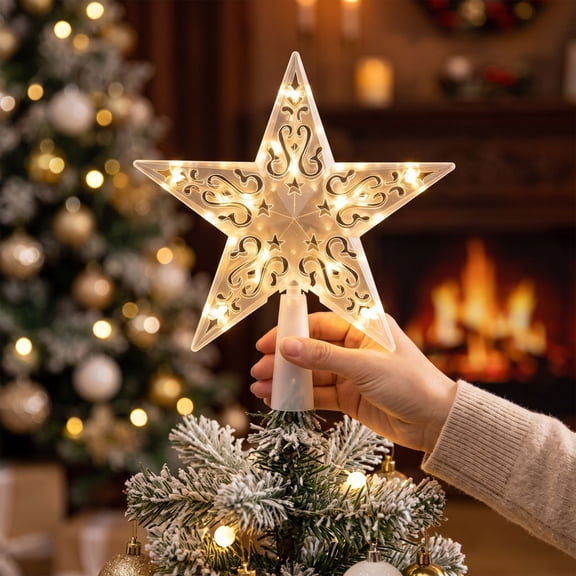 8.7in Lighted Hollow Carved Star Christmas Tree Topper, Warm LED Light 5‑Point Golden Star Tree Top Ornament,Battery Operated Xmas Decoration for Christmas Tree Decor