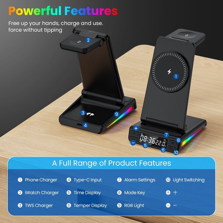 Wireless Charger,HopePow 5 in 1 Portable Fast Magnetic Wireless Charging Stand Dock Watch Charging Station for Multiple Devices FCC Approved