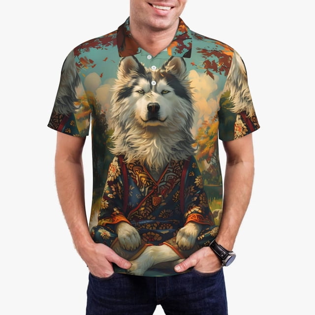 Bingfone Forest Maple Leaf Husky for Men's Button-down POLO Shirts, Quick-drying Shirts and T-shirts for Summer, Suitable for Vacation and Business-XX-Large