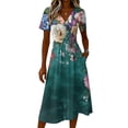 thumbnail image 5 of Watercolor Floral Print Dress for Women V Neck Short Sleeve Dress A Line Midi Casual Summer Outfit Flowy Lightweight Party Wear Vacation Boho Chic Dark Green XXXL, 5 of 6