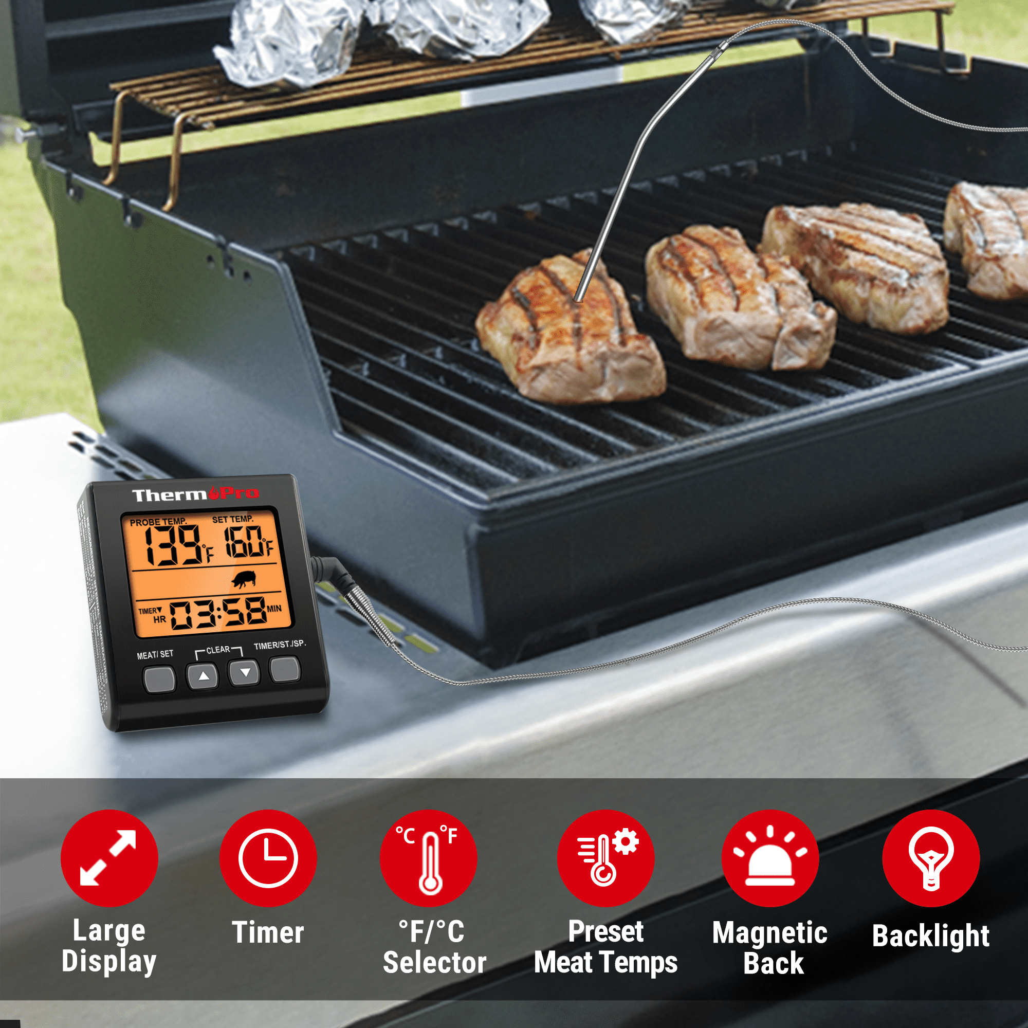 Thermopro Tp16sw Digital Meat Cooking Smoker Kitchen Grill Bbq Thermometer  With Large Lcd Display With Backlight For Oven Smoker Grill Turkey : Target
