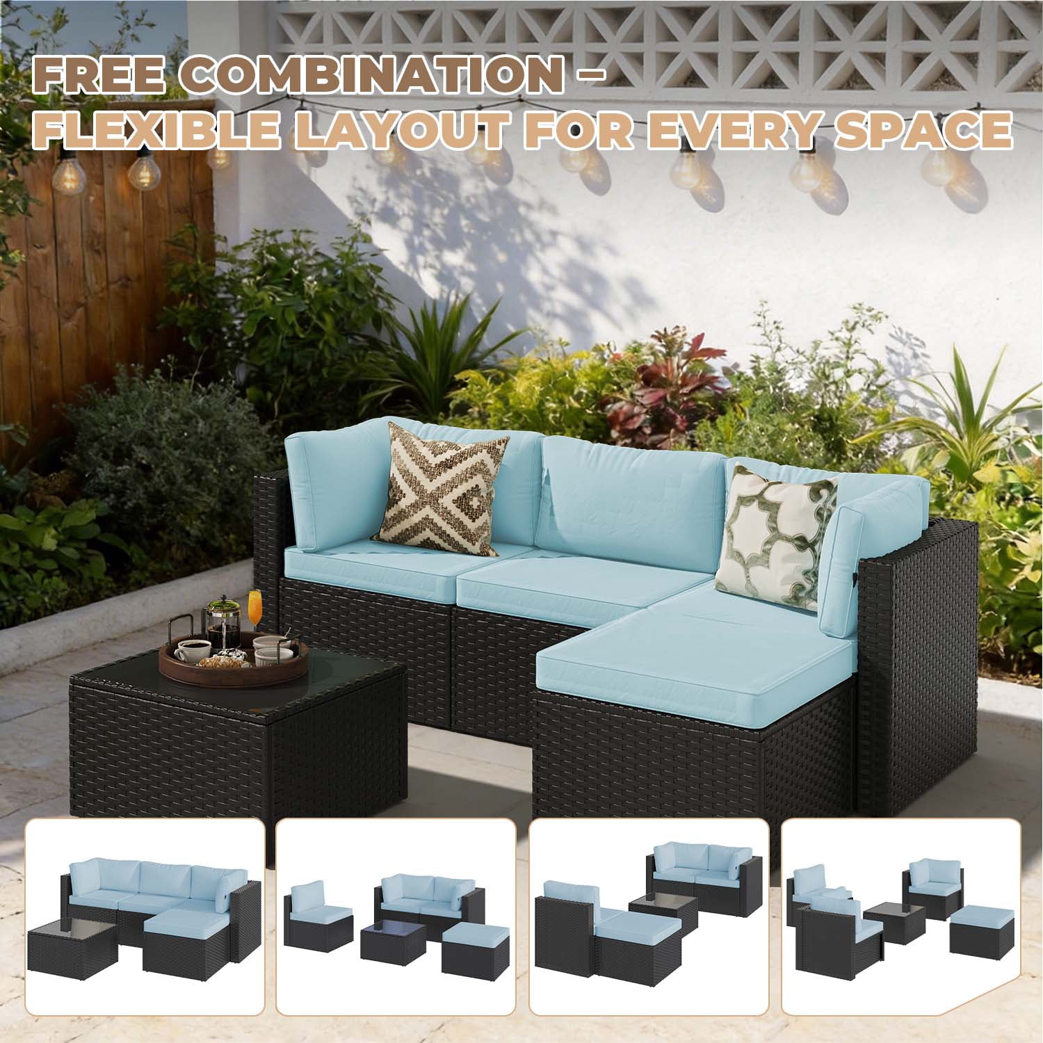 BaPiPro Modular Outdoor Wicker Patio Furniture Set with Tempered Glass Coffee Table & Removable All-Weather Cushions for Backyard, Poolside & Balcony Light Blue