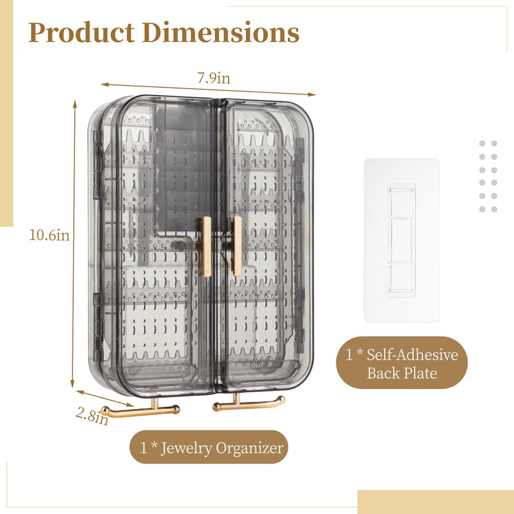 Wall Mounted Jewelry Organizer Box, Hanging Earring Stud Organizer, Self-Adhesive No Drilling Transparent Jewelry Storage Cabinet 7.9" x 10.6