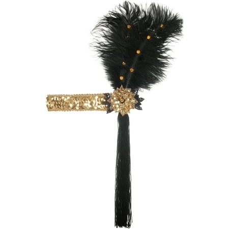 Star Power Adult Sequined with Feather Flapper Headband, Black Gold, One Size