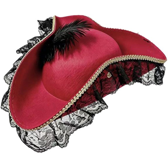 Byfri Lace Trim Tricorne Pirate Hat with Feather Themed Party Hat 36x33x11cm