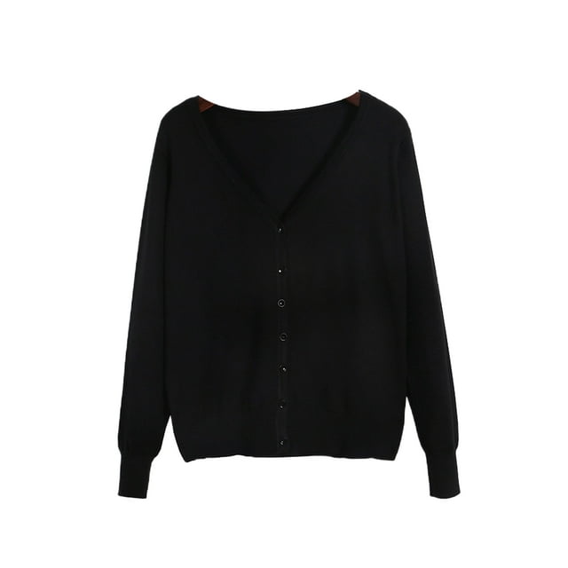 Innerwin Cardigan Sweater V Neck Ladies Coat Fall Solid Color Loose Outwear Black 3XL