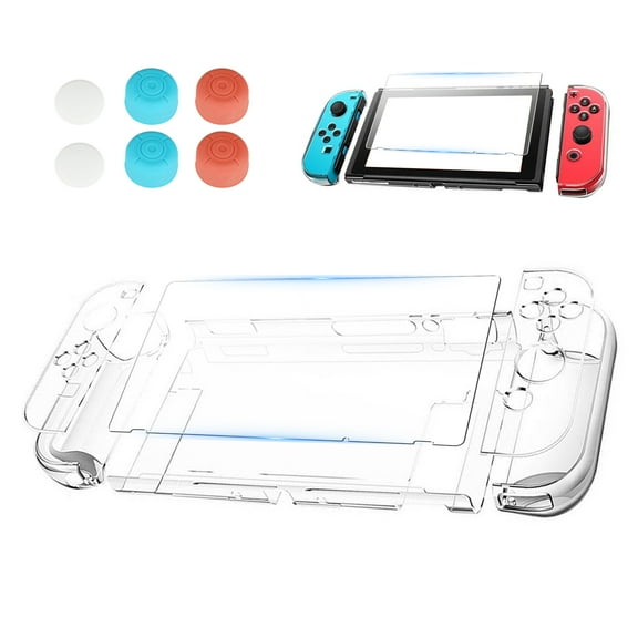 Clear Cover Case Fit for Nintendo Switch and Joy-Con, TSV Dockable Protective Case Cover with Tempered Glass Screen Protector, 6 Thumb Stick Caps, Anti-scratch Shockproof