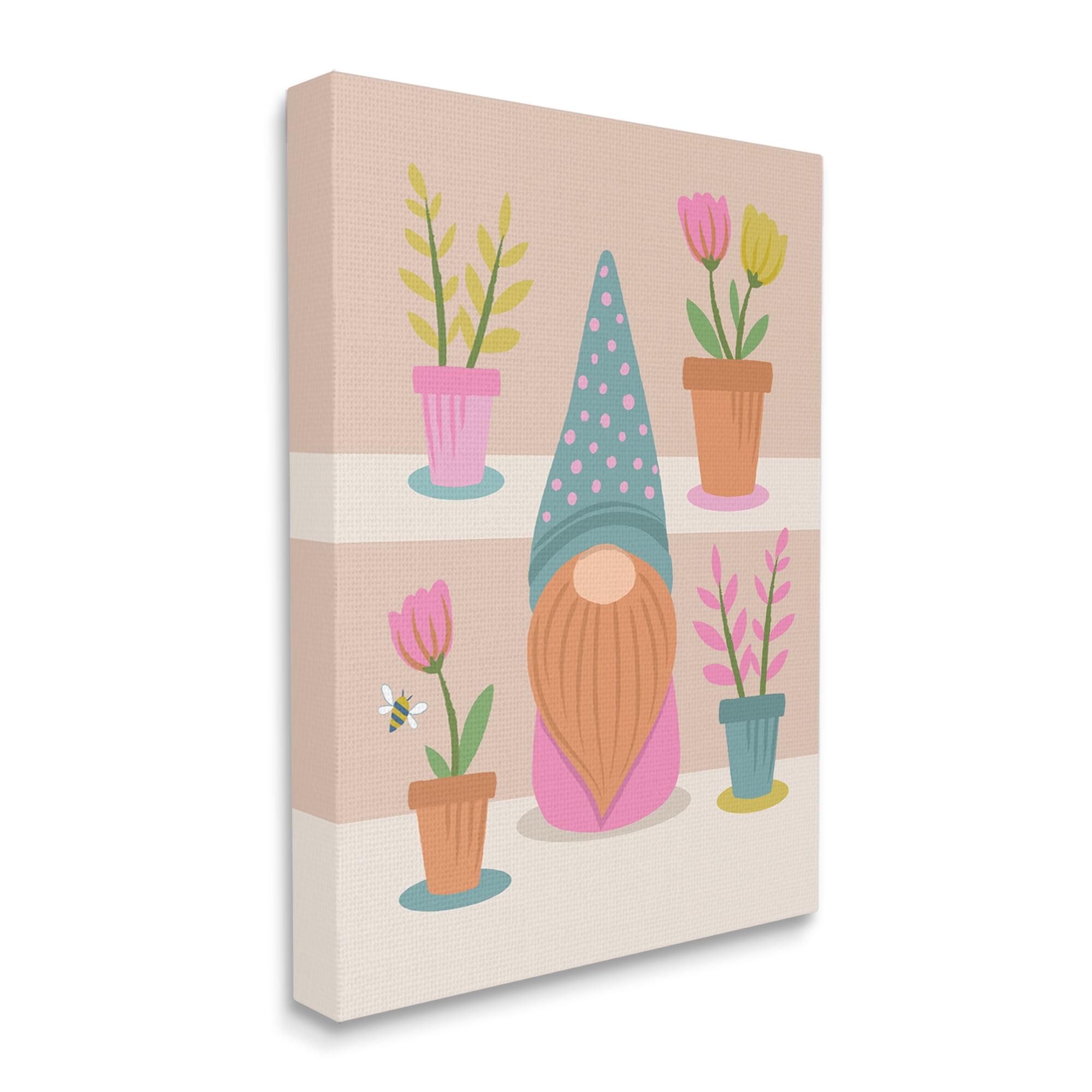 Patterned Garden Gnome Flower Pots Honey Bee Botanical & Floral Graphic Art Gallery-Wrapped Canvas Print Wall Art